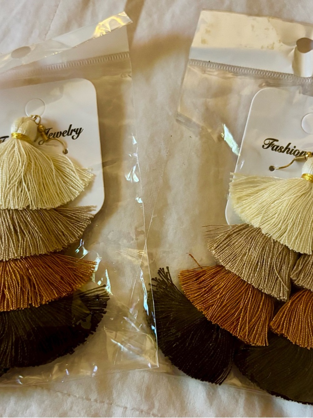 Layered Tassel Drop Earrings in Cream, Tan, Brown